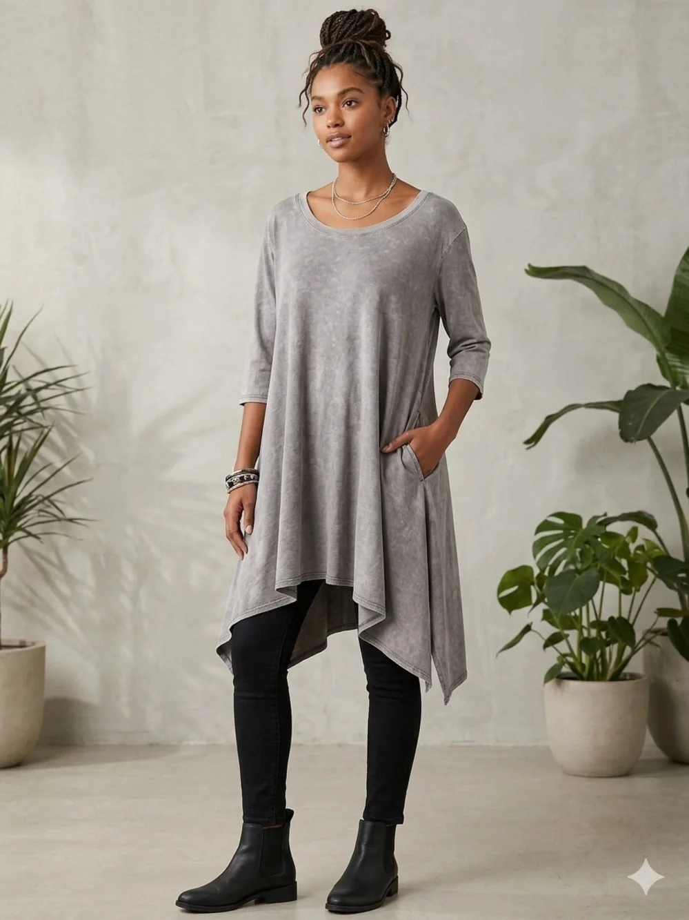 Free People swing flowy shirt dress tunic side split hem grey boho minimalist Md